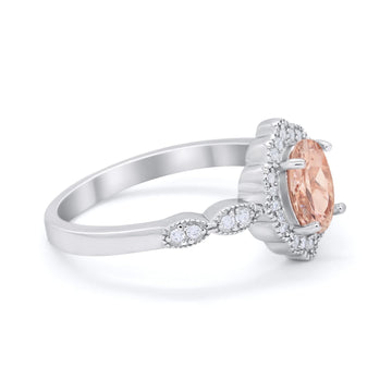 Halo Art Deco Oval Engagement Ring Simulated Morganite CZ 925 Sterling Silver